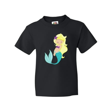 Inktastic Cute Little Mermaid, Blonde Hair, Purple Sea Star Youth T-Shirt