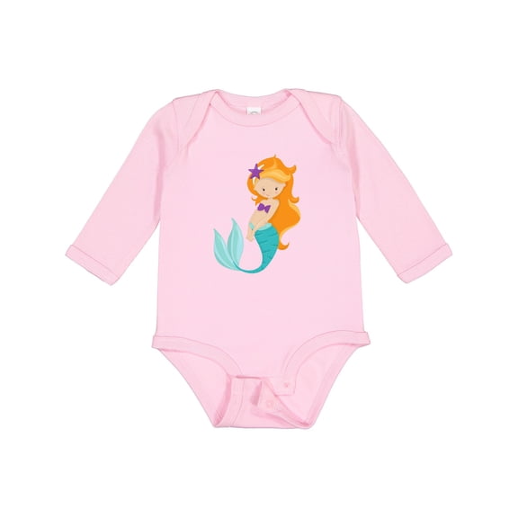 Inktastic Cute Little Mermaid, Orange Hair, Purple Sea Star Girls Long Sleeve Baby Bodysuit