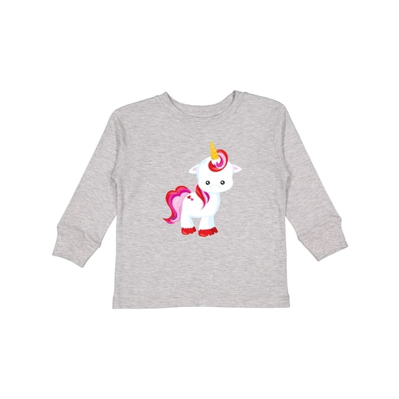 Inktastic Cute Little Unicorn With Red And Pink Mane, Hearts Girls Long Sleeve Toddler T-Shirt