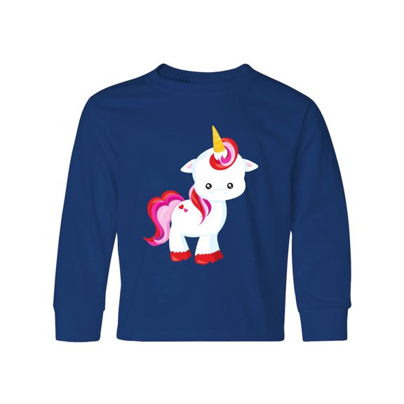 Inktastic Cute Little Unicorn With Red And Pink Mane, Hearts Long Sleeve Youth T-Shirt