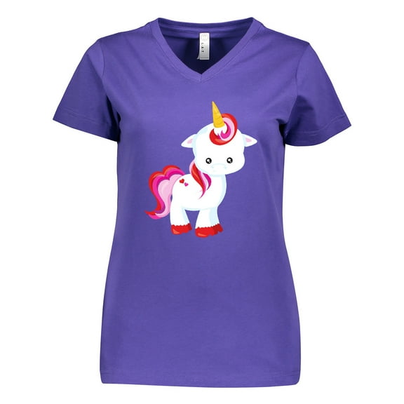 Inktastic Cute Little Unicorn With Red And Pink Mane, Hearts Women's V-Neck T-Shirt