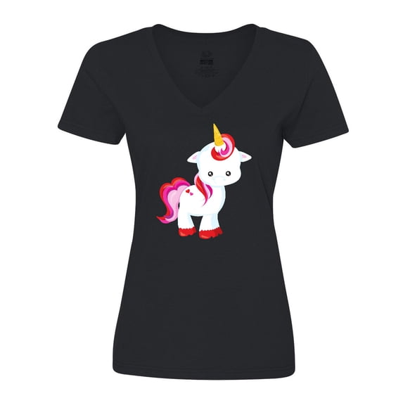 Inktastic Cute Little Unicorn With Red And Pink Mane, Hearts Women's V-Neck T-Shirt