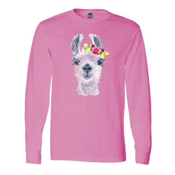 Inktastic Cute Llama with Flower Long Sleeve T-Shirt