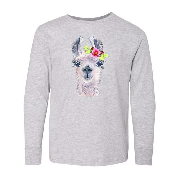 Inktastic Cute Llama with Flower Long Sleeve Youth T-Shirt