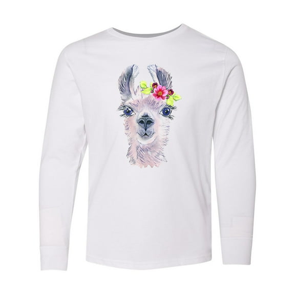 Inktastic Cute Llama with Flower Long Sleeve Youth T-Shirt