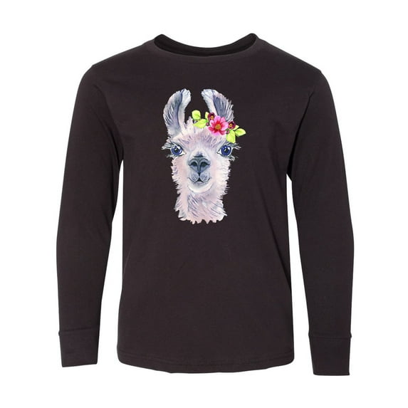 Inktastic Cute Llama with Flower Long Sleeve Youth T-Shirt