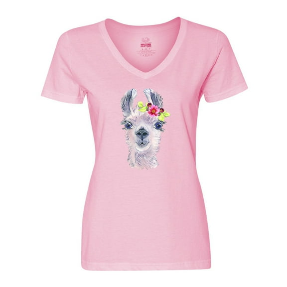 Inktastic Cute Llama with Flower Women's V-Neck T-Shirt