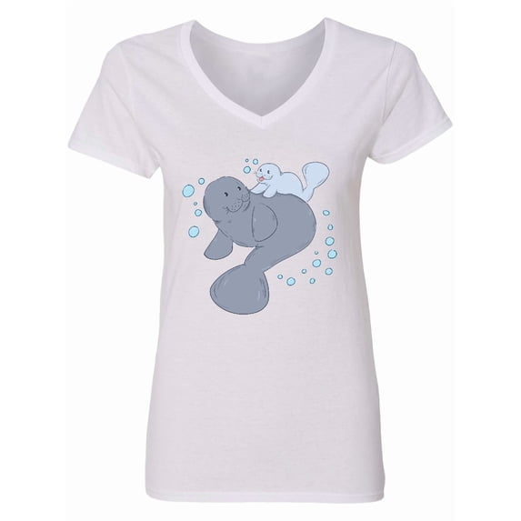 Inktastic Cute Manatees with Bubbles Women's V-Neck T-Shirt
