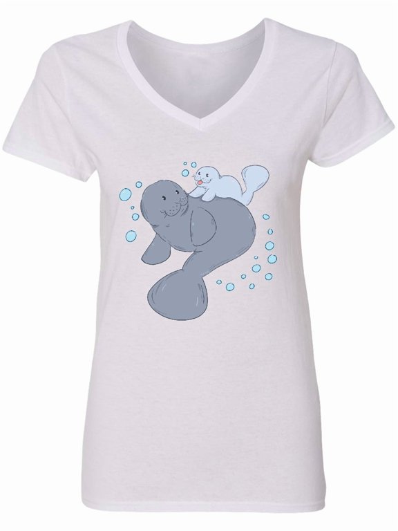 Cute Manatees with Bubbles Women's V-Neck T-Shirt