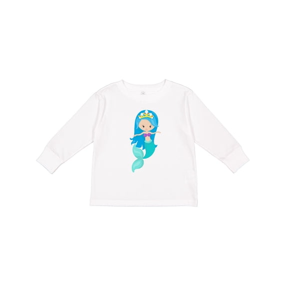 Inktastic Cute Mermaid, Blue Hair, Little Mermaid, Crown Girls Long Sleeve Toddler T-Shirt