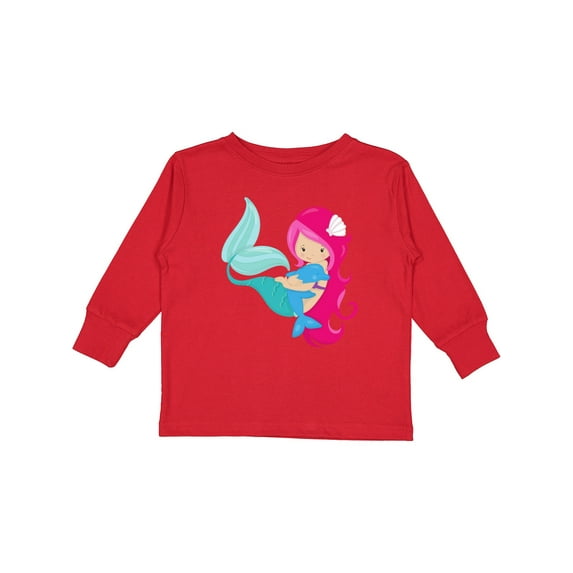 Inktastic Cute Mermaid, Little Mermaid, Pink Hair, Dolphin Girls Long Sleeve Toddler T-Shirt
