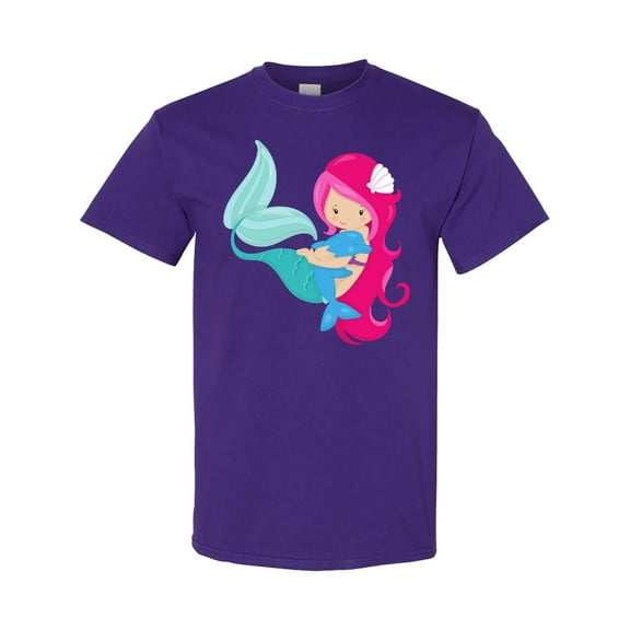 Inktastic Cute Mermaid, Little Mermaid, Pink Hair, Dolphin T-Shirt