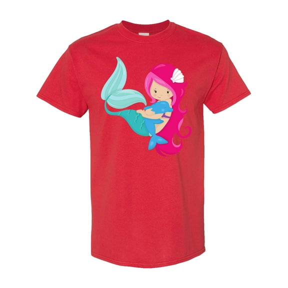 Inktastic Cute Mermaid, Little Mermaid, Pink Hair, Dolphin T-Shirt