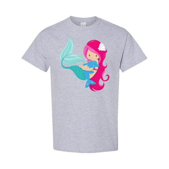 Inktastic Cute Mermaid, Little Mermaid, Pink Hair, Dolphin T-Shirt