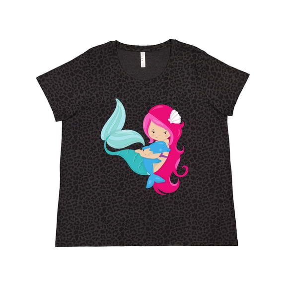 Inktastic Cute Mermaid, Little Mermaid, Pink Hair, Dolphin Women's Plus Size T-Shirt