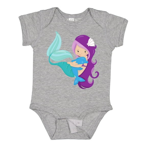 Inktastic Cute Mermaid, Little Mermaid, Purple Hair, Dolphin Girls Baby Bodysuit