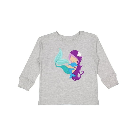 Inktastic Cute Mermaid, Little Mermaid, Purple Hair, Dolphin Girls Long Sleeve Toddler T-Shirt