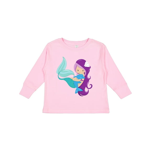 Inktastic Cute Mermaid, Little Mermaid, Purple Hair, Dolphin Girls Long Sleeve Toddler T-Shirt