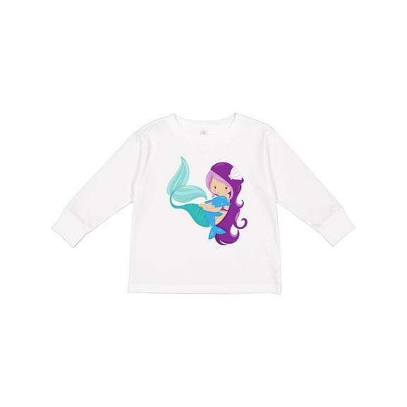Inktastic Cute Mermaid, Little Mermaid, Purple Hair, Dolphin Girls Long Sleeve Toddler T-Shirt