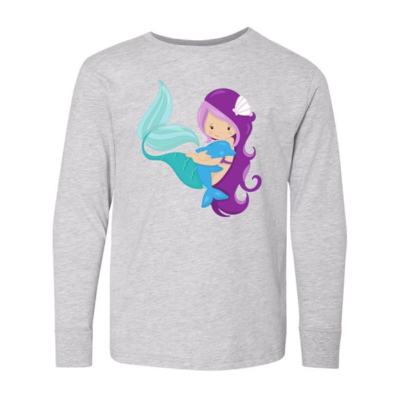 Inktastic Cute Mermaid, Little Mermaid, Purple Hair, Dolphin Long Sleeve Youth T-Shirt