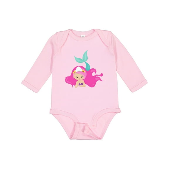 Inktastic Cute Mermaid, Pink Hair, Green Tail Girls Long Sleeve Baby Bodysuit