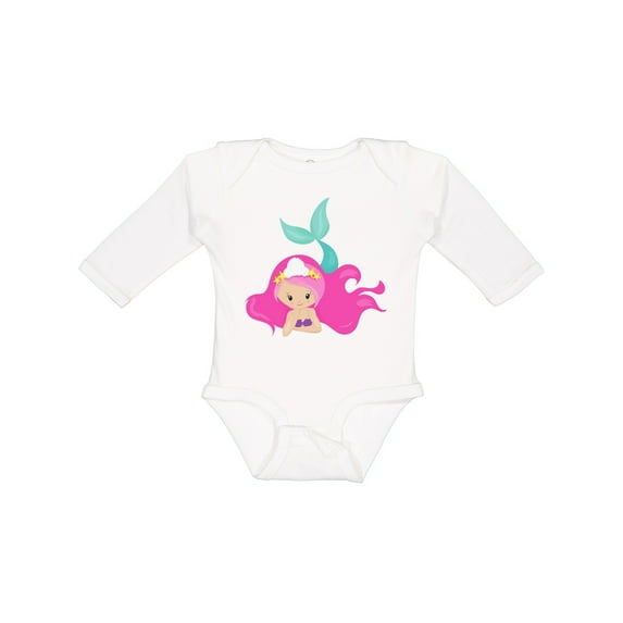 Inktastic Cute Mermaid, Pink Hair, Green Tail Girls Long Sleeve Baby Bodysuit