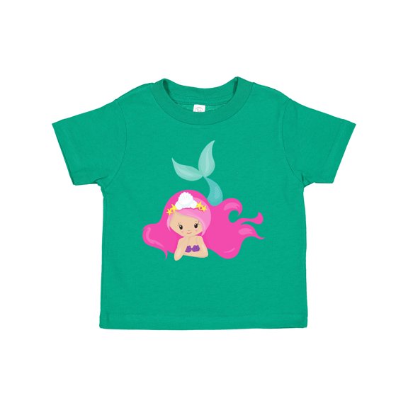 Inktastic Cute Mermaid, Pink Hair, Green Tail Girls Toddler T-Shirt