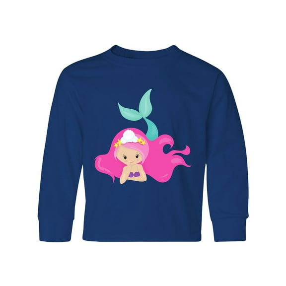 Inktastic Cute Mermaid, Pink Hair, Green Tail Long Sleeve Youth T-Shirt