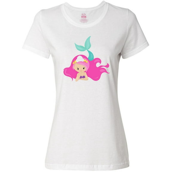 Inktastic Cute Mermaid, Pink Hair, Green Tail Women's T-Shirt