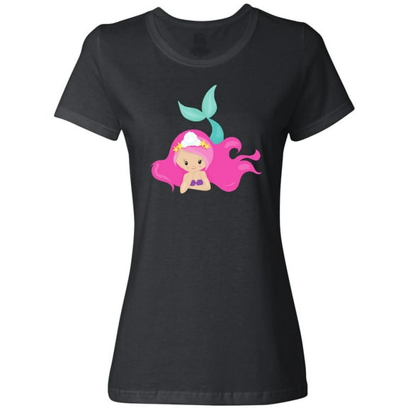 Inktastic Cute Mermaid, Pink Hair, Green Tail Women's T-Shirt