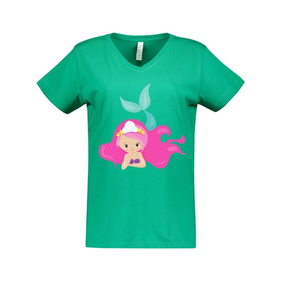 Inktastic Cute Mermaid, Pink Hair, Green Tail Women's V-Neck T-Shirt