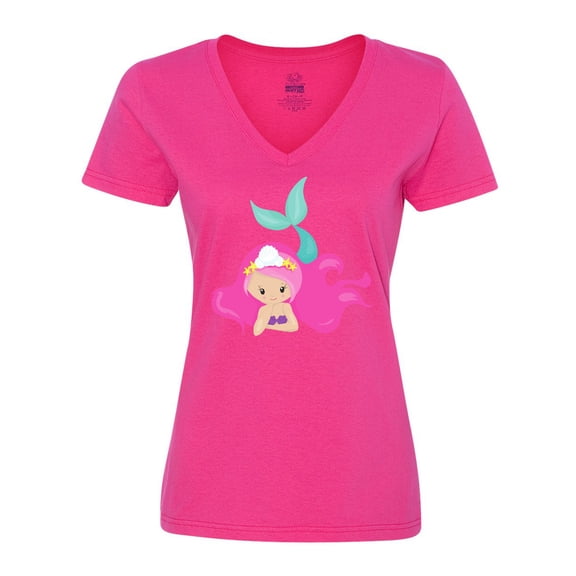Inktastic Cute Mermaid, Pink Hair, Green Tail Women's V-Neck T-Shirt