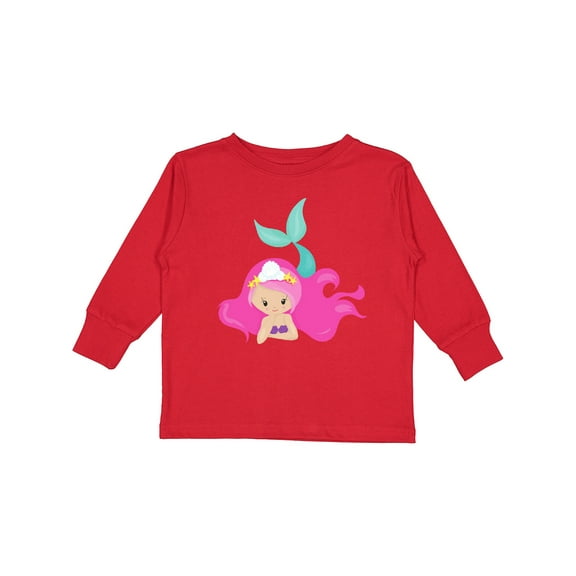 Inktastic Cute Mermaid, Pink Hair, Little Mermaid, Starfish Girls Long Sleeve Toddler T-Shirt
