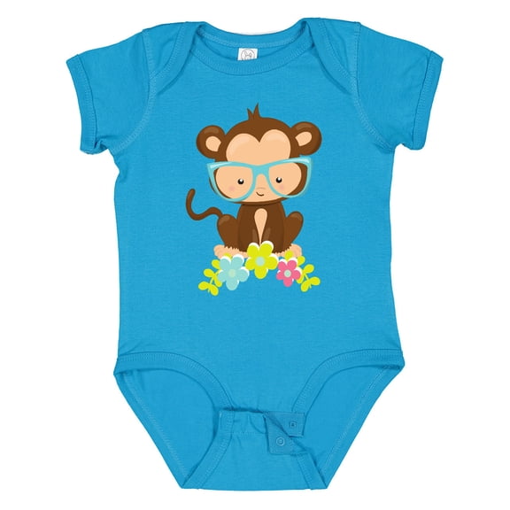 Inktastic Cute Monkey With Eyeglasses, Colorful Flowers Boys or Girls Baby Bodysuit