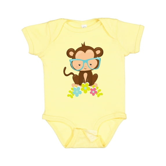 Inktastic Cute Monkey With Eyeglasses, Colorful Flowers Boys or Girls Baby Bodysuit