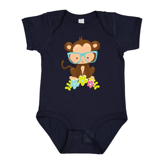 Inktastic Cute Monkey With Eyeglasses, Colorful Flowers Boys or Girls Baby Bodysuit