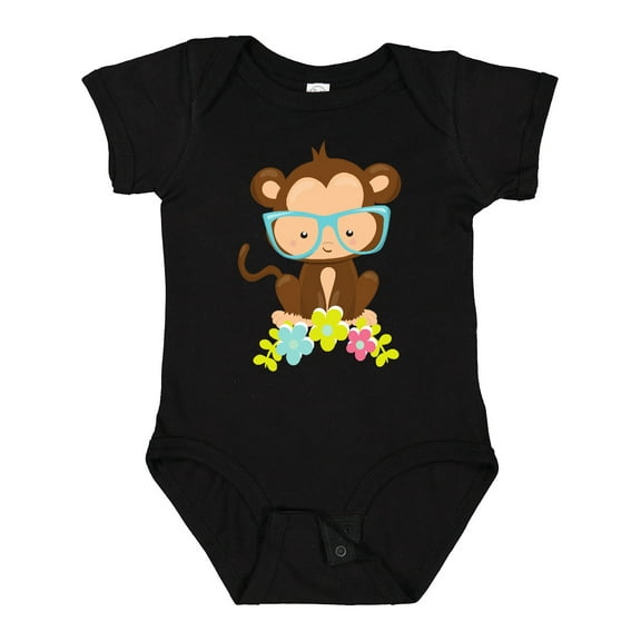 Inktastic Cute Monkey With Eyeglasses, Colorful Flowers Boys or Girls Baby Bodysuit