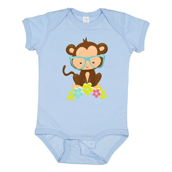 Inktastic Cute Monkey With Eyeglasses, Colorful Flowers Boys or Girls Baby Bodysuit