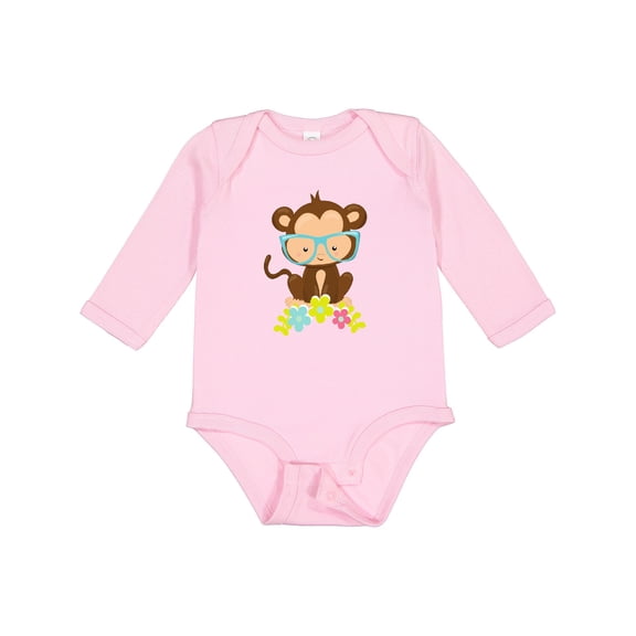Inktastic Cute Monkey With Eyeglasses, Colorful Flowers Boys or Girls Long Sleeve Baby Bodysuit