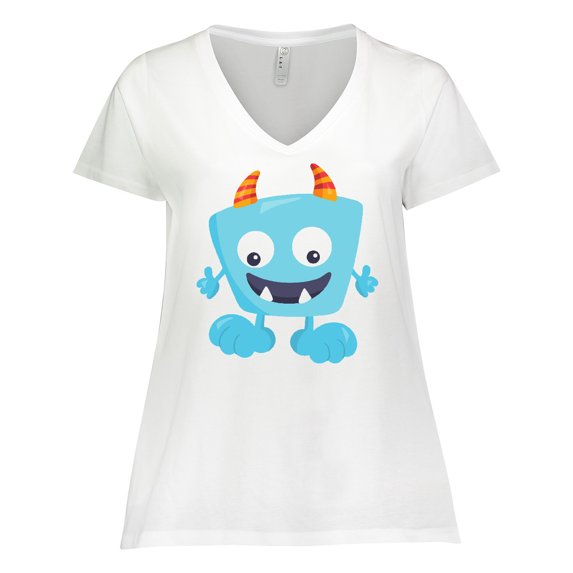 Inktastic Cute Monster, Blue Monster, Funny Monster, Horns Women's Plus Size V-Neck T-Shirt