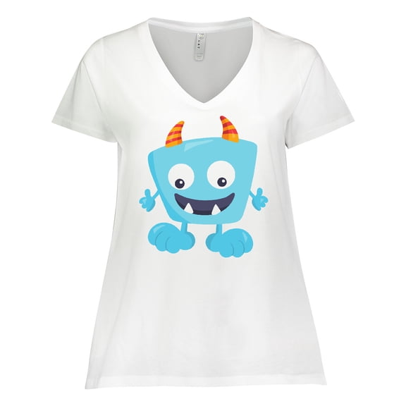 Inktastic Cute Monster, Blue Monster, Funny Monster, Horns Women's Plus Size V-Neck T-Shirt