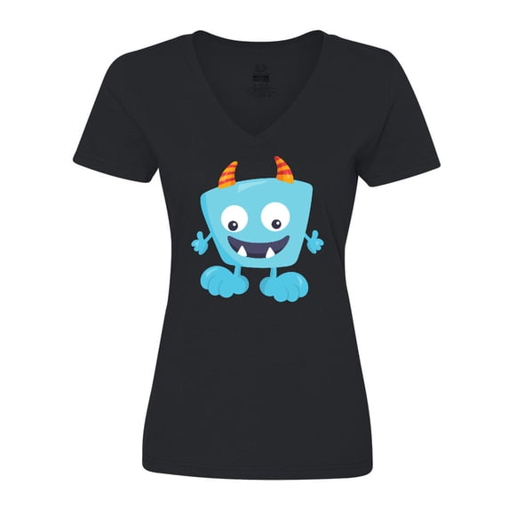 Inktastic Cute Monster, Little Monster, Blue Monster, Horns Women's V-Neck T-Shirt