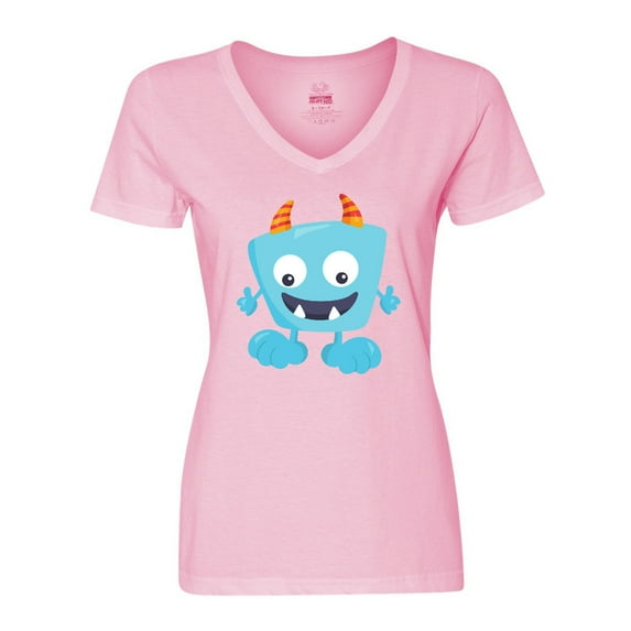 Inktastic Cute Monster, Little Monster, Blue Monster, Horns Women's V-Neck T-Shirt