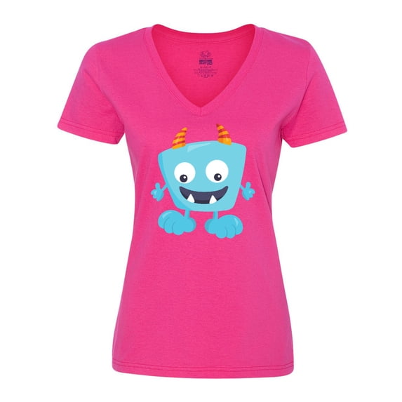 Inktastic Cute Monster, Little Monster, Blue Monster, Horns Women's V-Neck T-Shirt