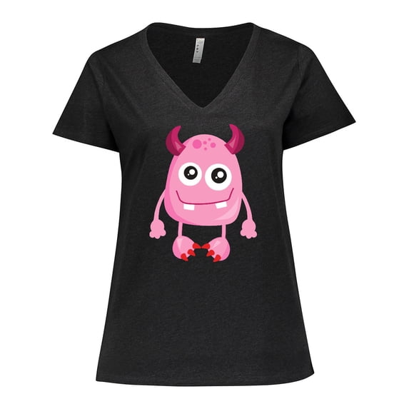 Inktastic Cute Monster, Pink Monster, Funny Monster, Horns Women's Plus Size V-Neck T-Shirt