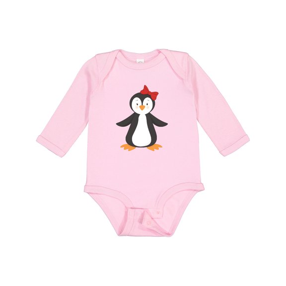 Inktastic Cute Penguin, Girl Penguin With Red Ribbon Boys or Girls Long Sleeve Baby Bodysuit