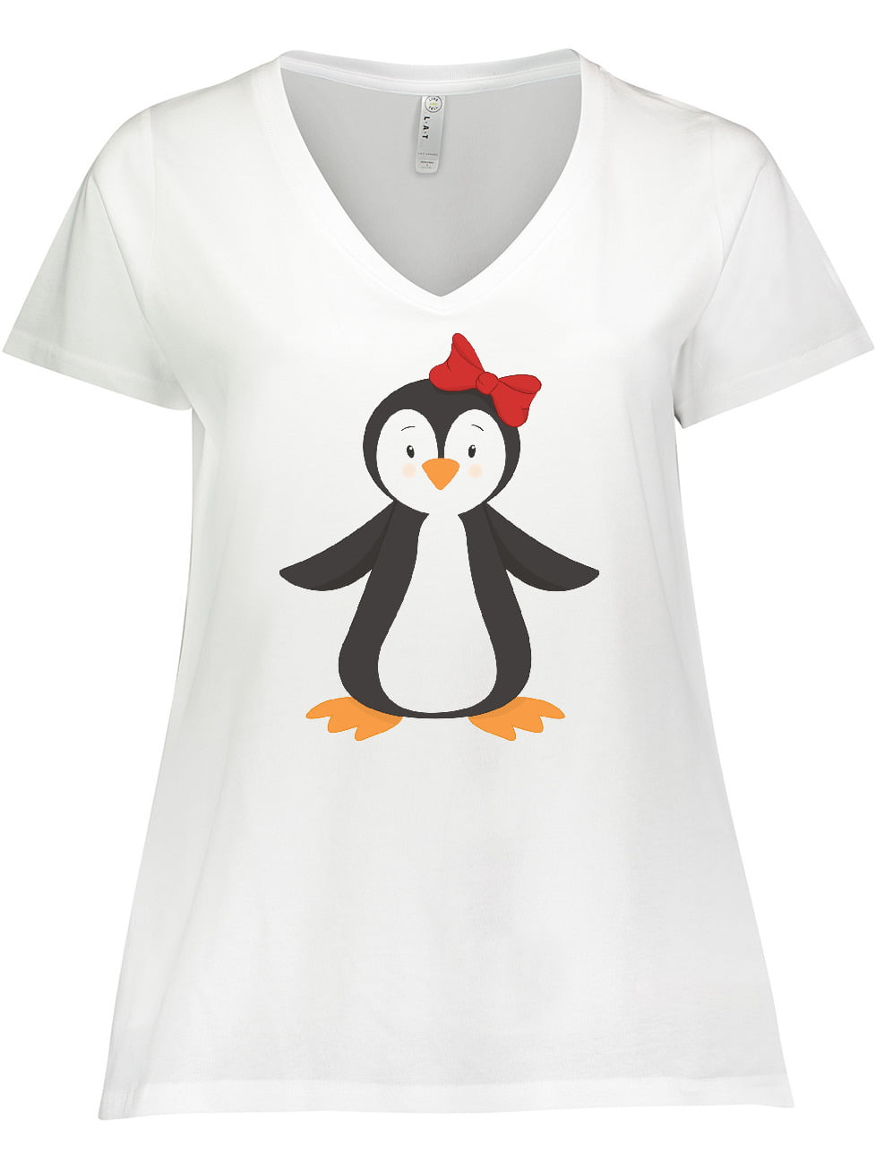 Inktastic Cute Penguin, Girl Penguin With Red Ribbon Women\'s Plus Size  V-Neck T-Shirt