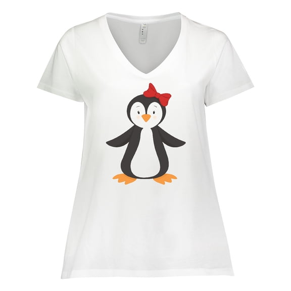 Inktastic Cute Penguin, Girl Penguin With Red Ribbon Women's Plus Size V-Neck T-Shirt