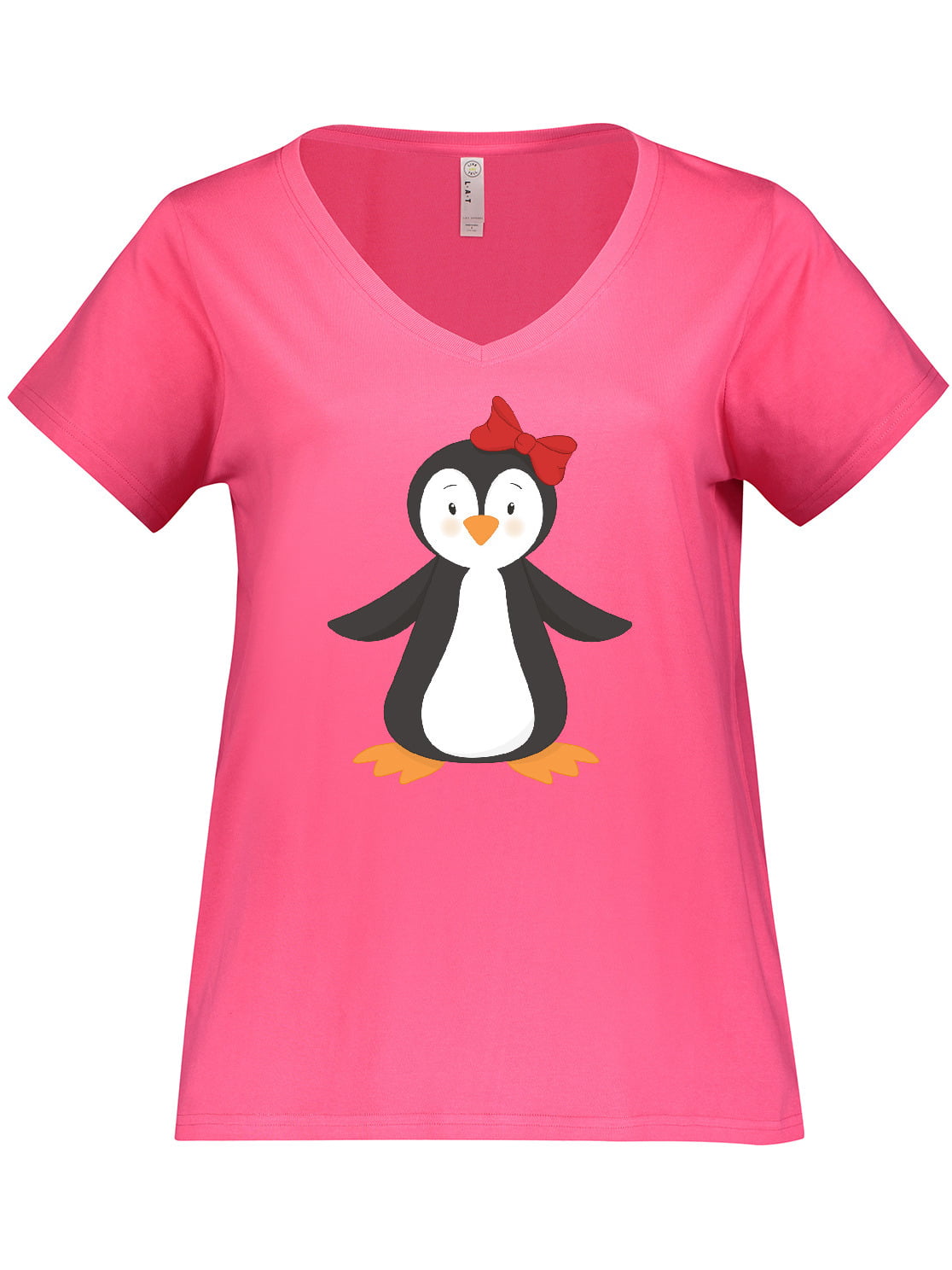 Women\'s V-Neck Cute Penguin Red Girl T-Shirt With Plus Inktastic Penguin, Ribbon Size