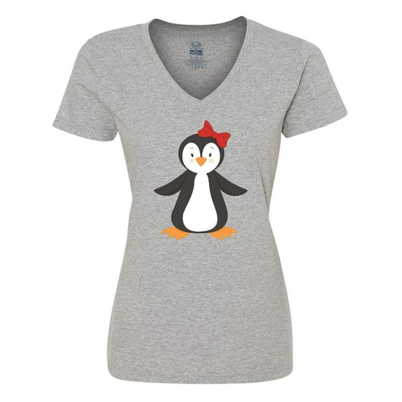 Inktastic Cute Penguin, Girl Penguin With Red Ribbon Women's V-Neck T-Shirt